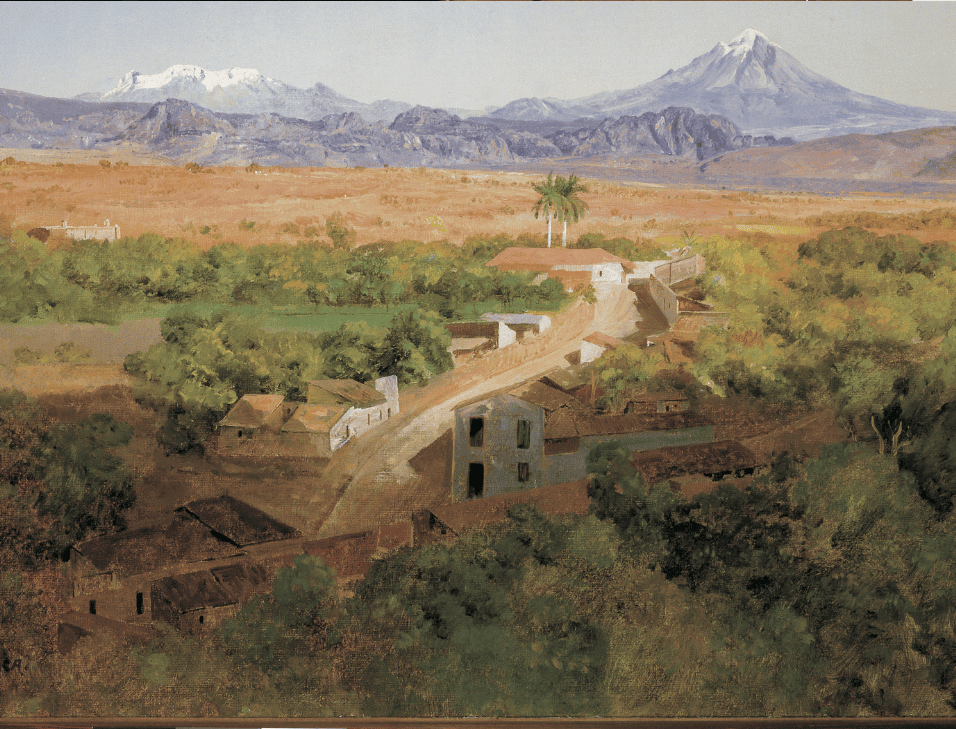 El Popocatépetl e Iztaccíhuatl tomados desde el corredor de la casa de Hernán Cortés en Cuernavaca